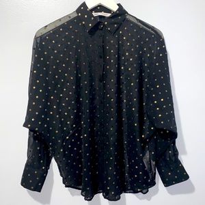 Zara Sheer Black and Gold Polka Dot Blouse